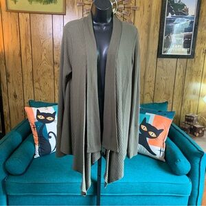 Olive Drape Waffle Knit Open Front Cardigan Sweater